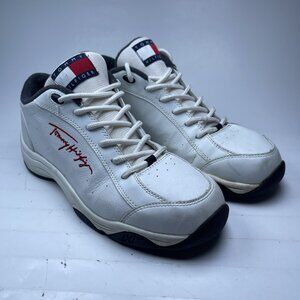 Vtg Tommy Hilfiger Men 7 US Sneakers White Leather Red Logo Retro 90s Rare Read*